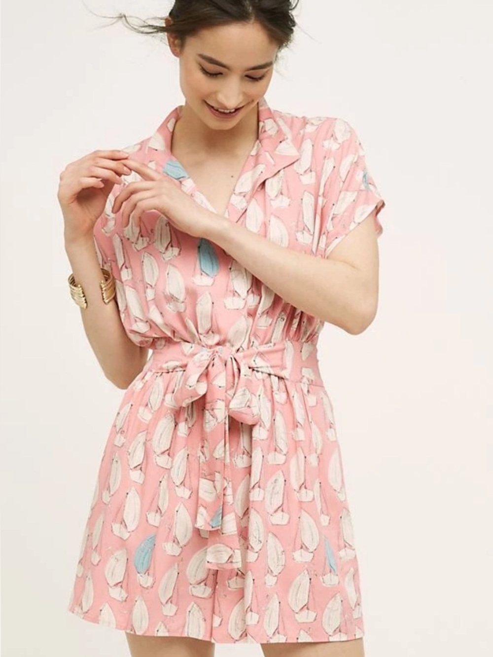 Anthropologie Maeve Tourista Sailboat Print Pink Romper Size 12 Travel